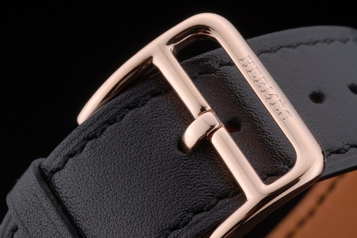 Hermès Heure H Rose Gold Replica on Black Epsom Leather Strap